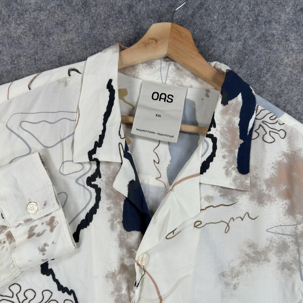 OAS Solari Brillo Shirt Mens 2XL Beige Abstract Viscose Long Sleeve Button Front